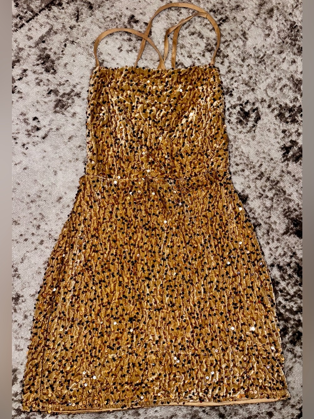 Sequined Gold Smocked Mini Dress with Thin Straps